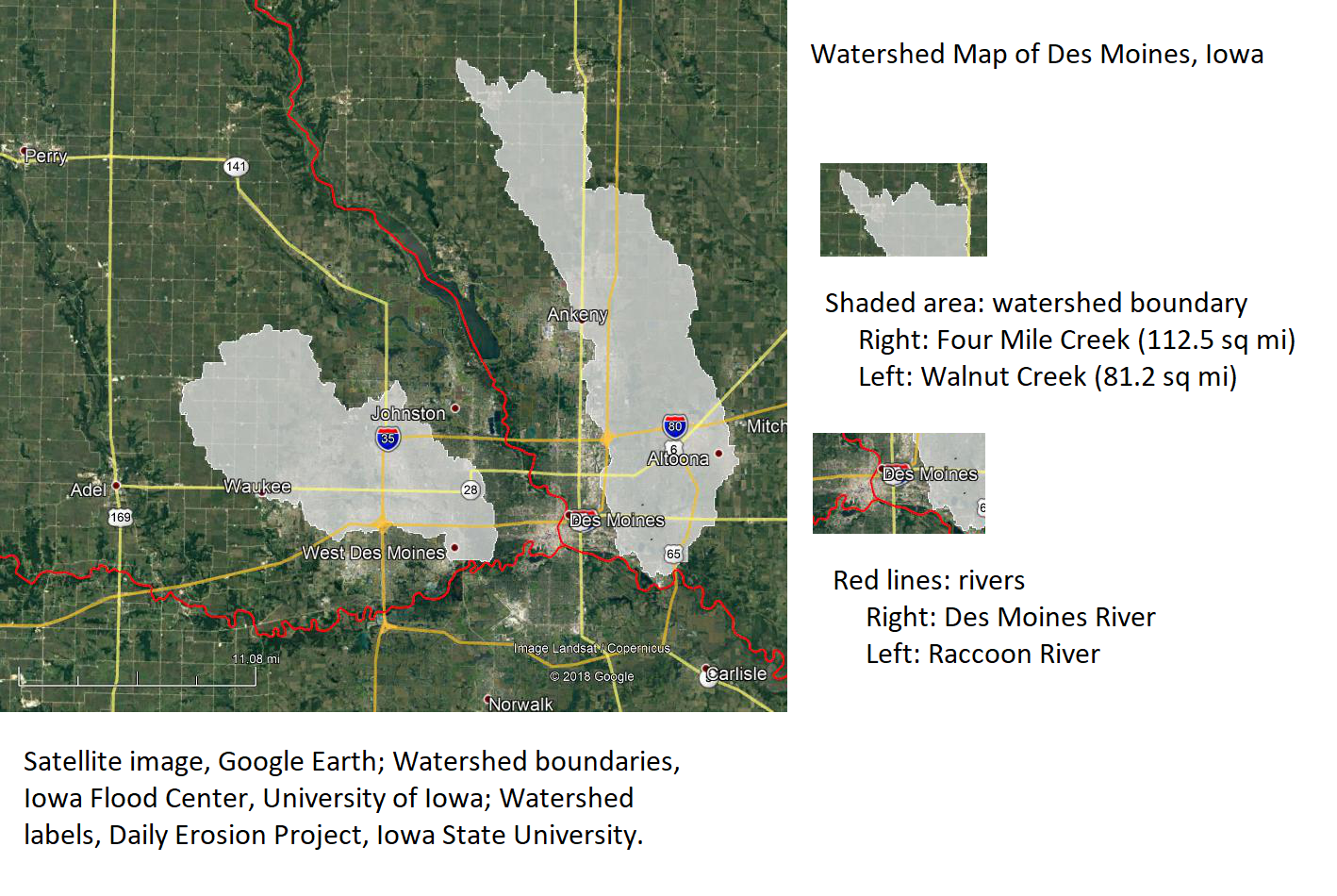 des moines watershed map showing four mile and walnut creek watersheds